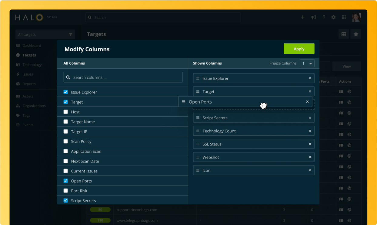 Modifying columns in the Halo Security dashboard